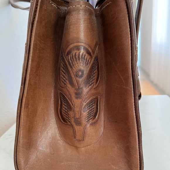 Vintage Tooled Leather Top Handle Purse Bag Chocolate Brown & White Two Tone - Picture 2 of 16